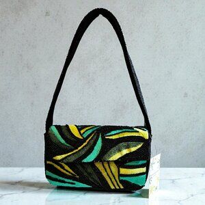 America & Beyond Black/Blue/Yellow Foliage Fiesta Beaded Shoulder Bag NWT